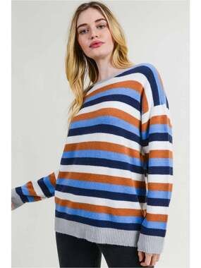 Cotton Blue Striped Oversized Knit Crew Neck Long Sleeve  Sweater
